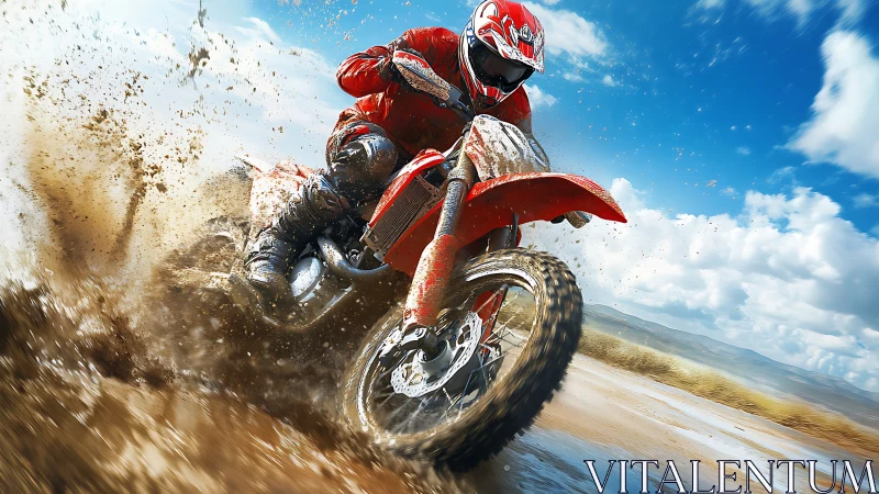 Motocross rider powers through wet dirt in open terrain.