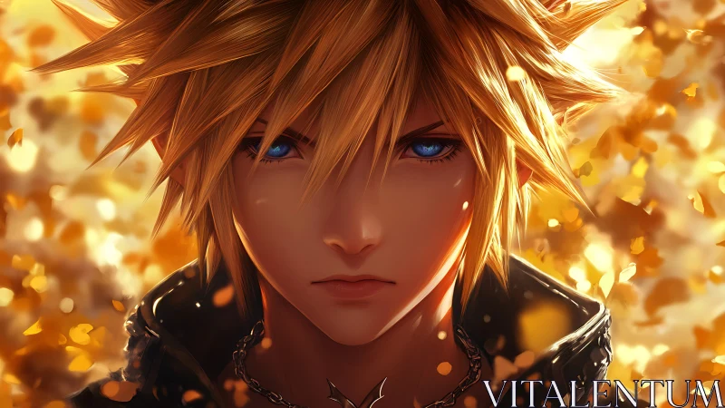 Intense blond anime hero portrait with glowing autumn bokeh