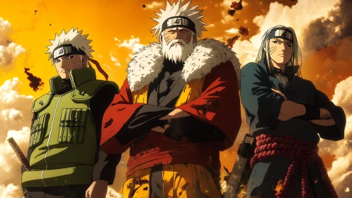 Triadic warrior lineup under dramatic backlit storm sky