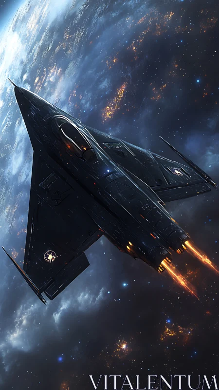 Stealth spacecraft in low orbit above illuminated planet.