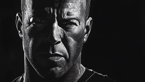 Intense monochrome male portrait in high contrast light.