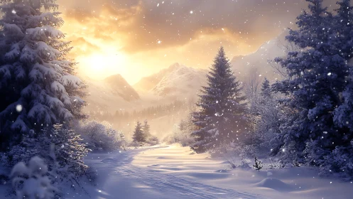 Snow-covered forest path under winter mountain sunset.