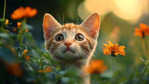 Curious Orange Tabby Among Golden Wildflowers.