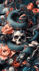 Serpentine bloom cradles a skull between twilight blossoms