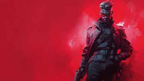 Cyberpunk enforcer stalks neon red battlefield backdrop.
