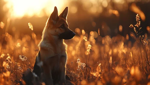 German shepherd sits in glowing sunset meadow of soft light