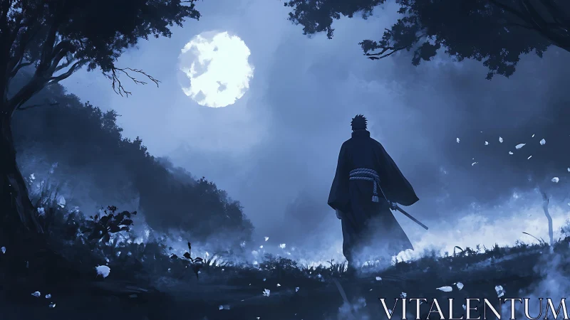 Lone moonlit samurai wandering through misty midnight forest.