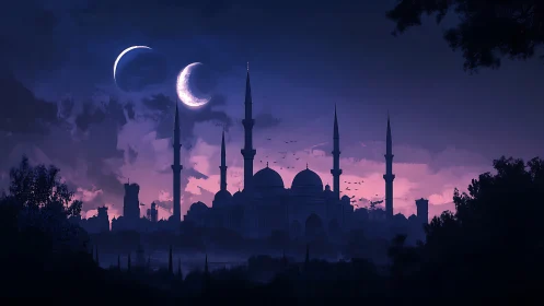 Twin moons drift above mystic minarets at violet dusk.