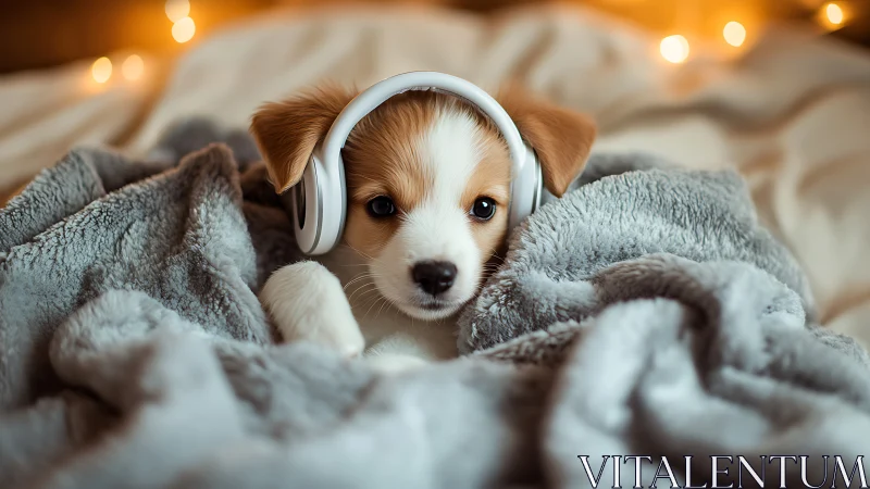 Small dog wearing headphones lies on textured blanket