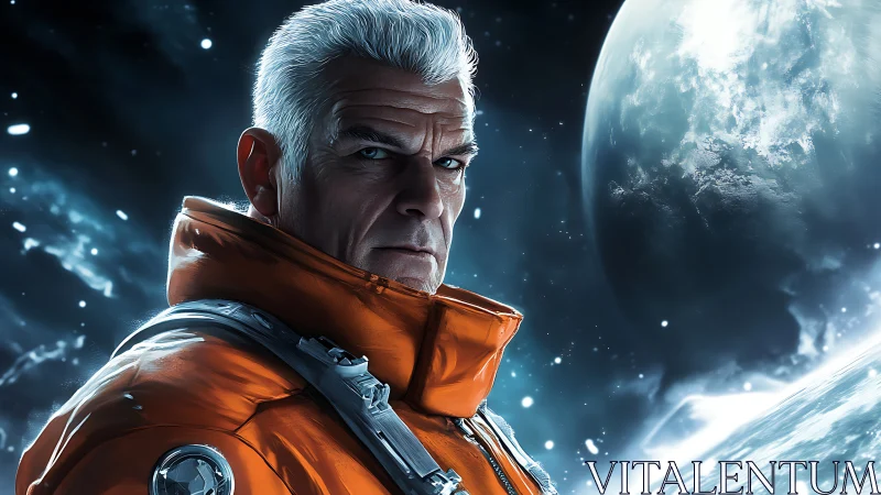 Veteran astronaut in orange EVA suit before icy exoplanet