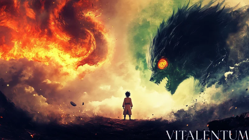 Stormlit child confronts spiral-eyed beast between flames