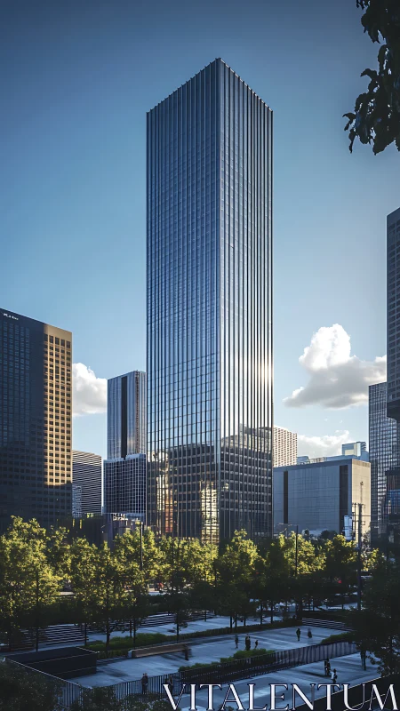 Glass curtain-wall office tower above tree-lined urban plaza