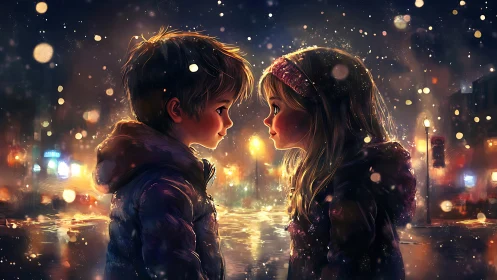Two Children Meet in Golden Nighttime City Lights