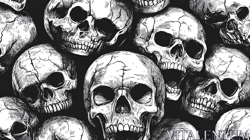 Ink-rendered skull cluster with high-contrast crosshatching pattern.