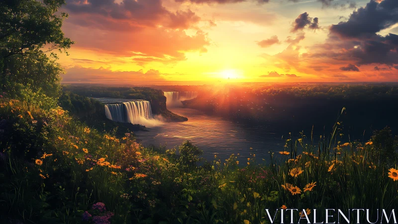 Sunlit river canyon with tiered waterfalls and dense floral foreground