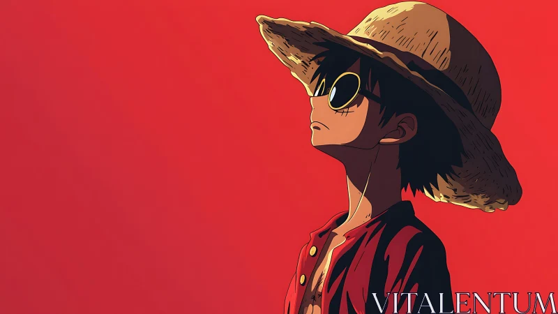 Anime boy in straw hat against flat red backdrop.