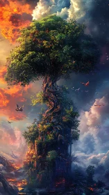 World-tree spire blazing between molten dawn and starry dusk.