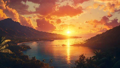 Tropical bay sunset casts golden light across calm water