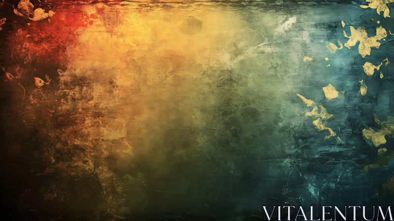 Glowing gradient wall of weathered red, gold, and teal hues.