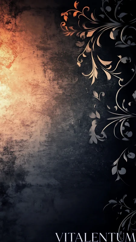 Textured grunge panel with metallic floral scrollwork edge.