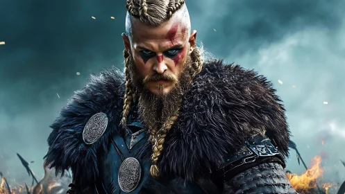 Battle-scarred viking commander smolders through stormfire haze