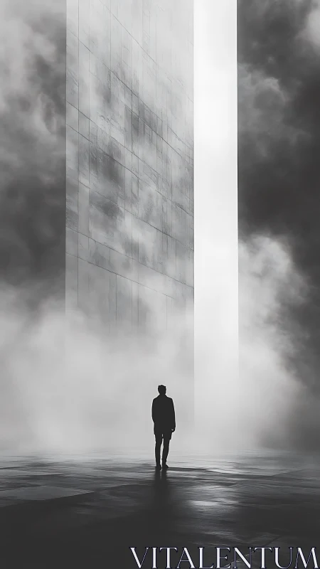Solitary figure approaches luminous monolith in dense fog