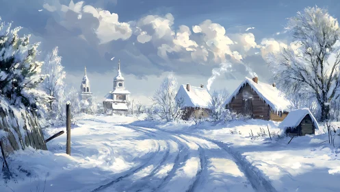 Winter village road curves toward distant church towers.