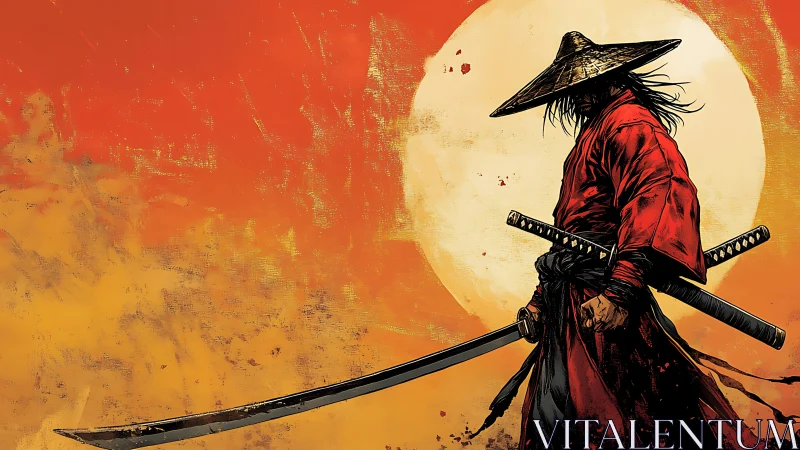 Lone ronin swordsman silhouetted against textured sunset sun
