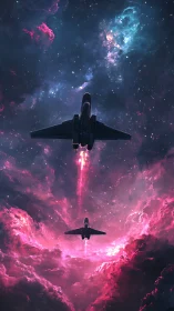 Starfighters ascend through neon clouds toward deep cosmic unknown