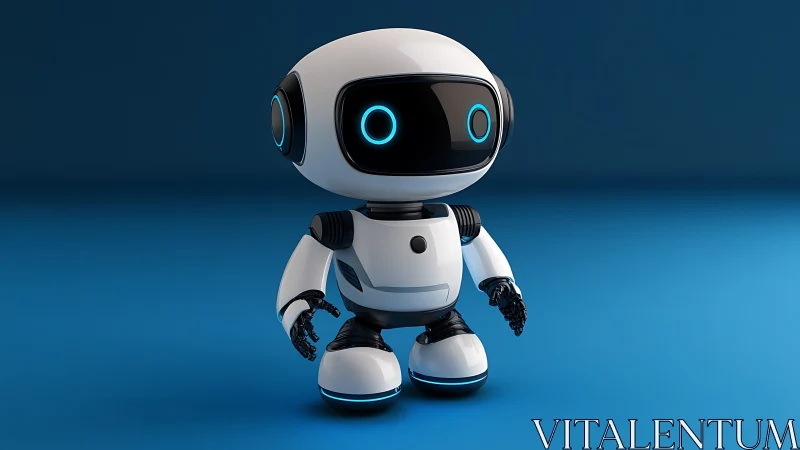 Playful mini robot character on glossy blue studio floor.