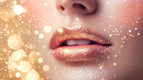 Glittering rose-gold lips in dreamy cosmetic close-up.