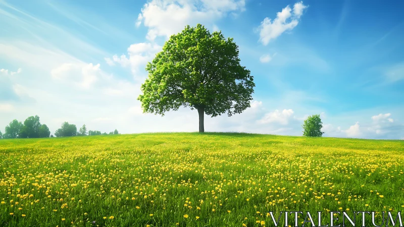 Solitary deciduous tree stands on a dandelion-covered hill