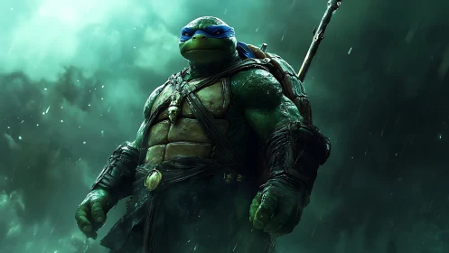 Armored mutant turtle warrior under stormlit teal sky.