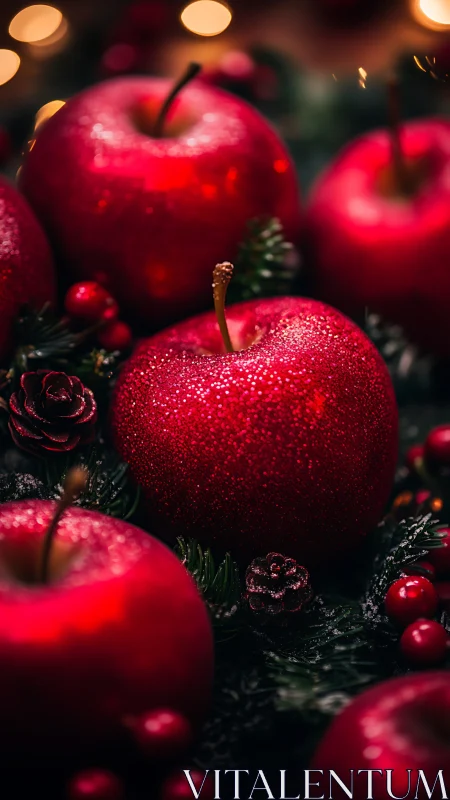 Macro close-up of glittered red apples in festive shallow focus
