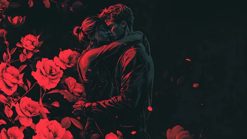 Two Hearts Embrace Among Glowing Crimson Blooms