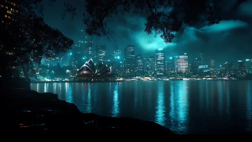 Midnight harbor paints Sydney in electric teal reflections