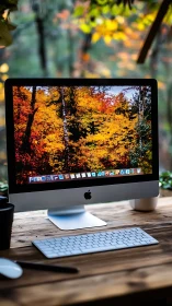Cozy desktop workspace opens onto bright autumn forest view