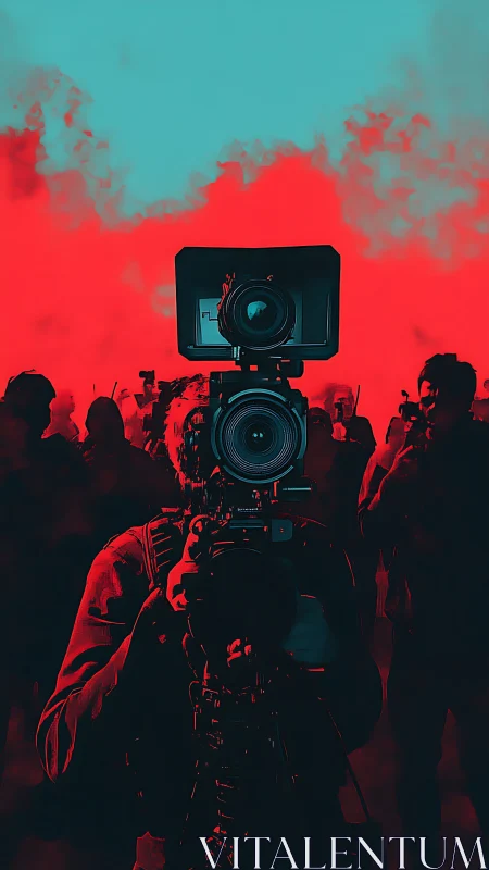 Cinematographer framed against duotone protest crowd with bold contrast