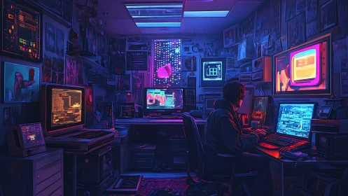 Late night hacker in neon lit retro tech workspace.