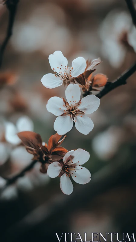 Spring Branch Blossoms with White Petals and Brown Stamens