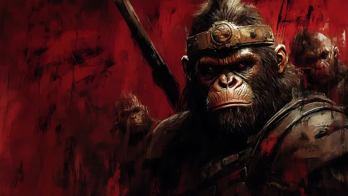 Warbound ape commander stalks a blood-red battlefield.