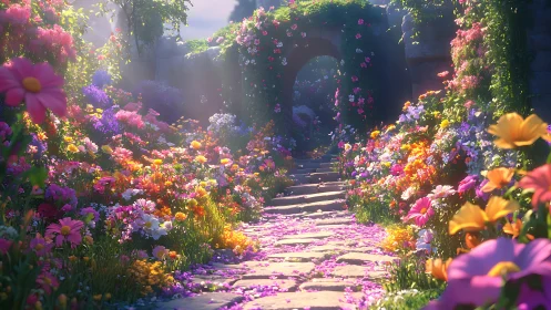 Floral Corridor with Mixed Blooms and Stone Pathway