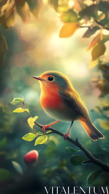 Songbird rests on a sunlit branch in glowing forest air