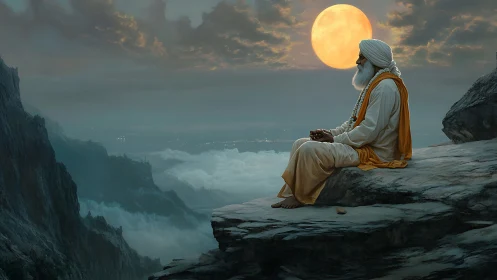 Serene elder meditates on a misty cliff beneath full moon.