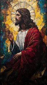 Stained glass style portrait of a haloed religious figure.