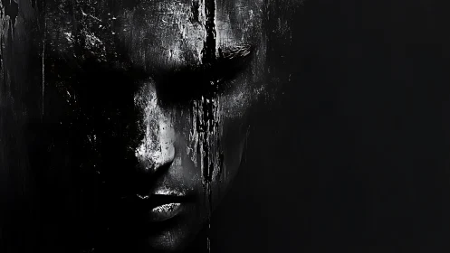 Shadowed monochrome face dissolves into abstract darkness.
