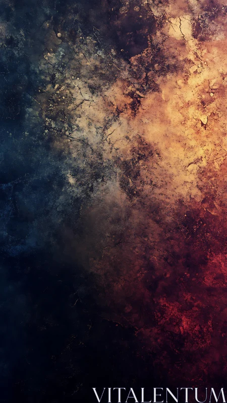 Cosmic dust texture merges deep blue, gold and crimson fields