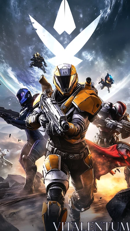 Bold space guardians charging into a glowing cosmic battle.