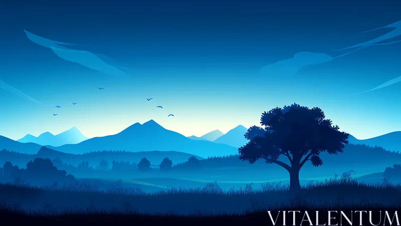 Deep blue sunrise over quiet hills and a solitary tree.