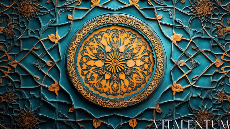Intricate turquoise relief with gilded radial floral mandala medallion